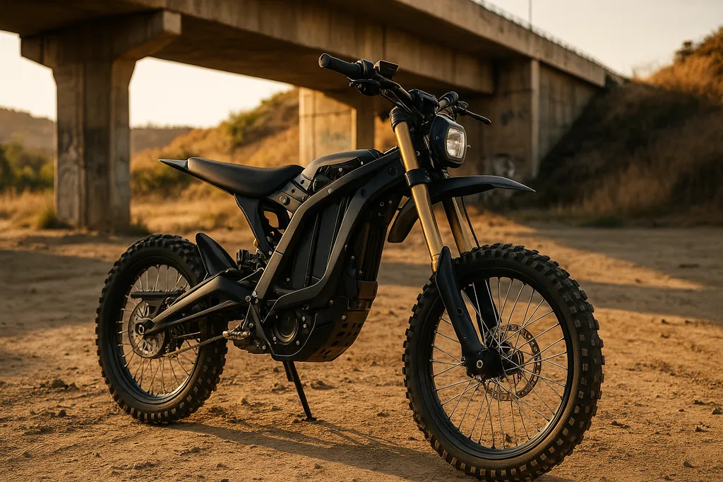 Black electric dirt bike parked under a bridge at sunset, showcasing Sur Ron design — how to buy a Sur Ron