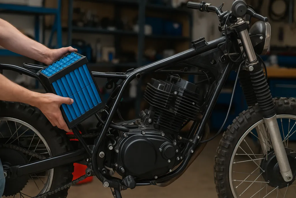 How to convert your gas bike to electric showing battery being installed on motorcycle frame