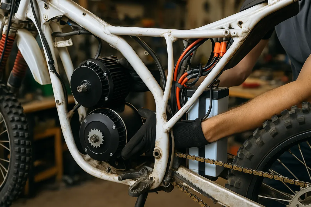 Installing electric motor and battery in gas bike conversion How to convert a dirt bike to electric showing motor and battery installation