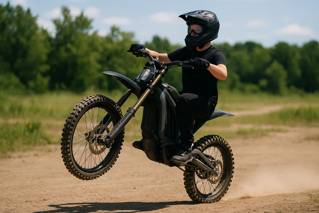 Young rider doing a wheelie on an electric dirt bike on a dirt track