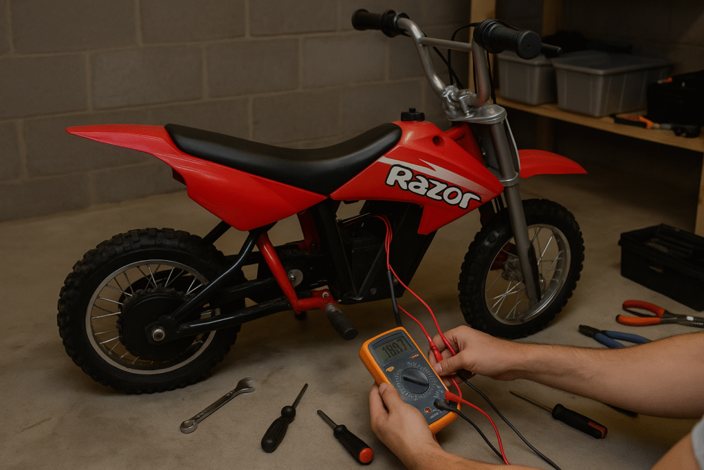 how to fix a razor electric dirt bike being tested in a garage using a multimeter and hand tools