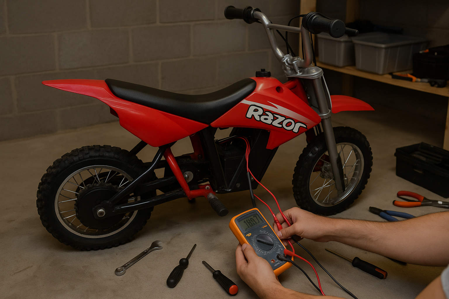 how to fix a razor electric dirt bike being tested in a garage using a multimeter and hand tools