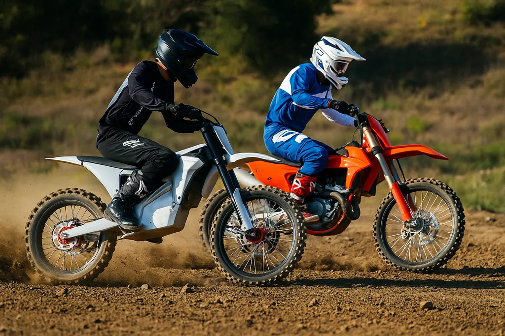 Is Stark VARG faster than a 450? Electric dirt bike racing side by side with a 450cc gas motocross bike on a dirt track.
