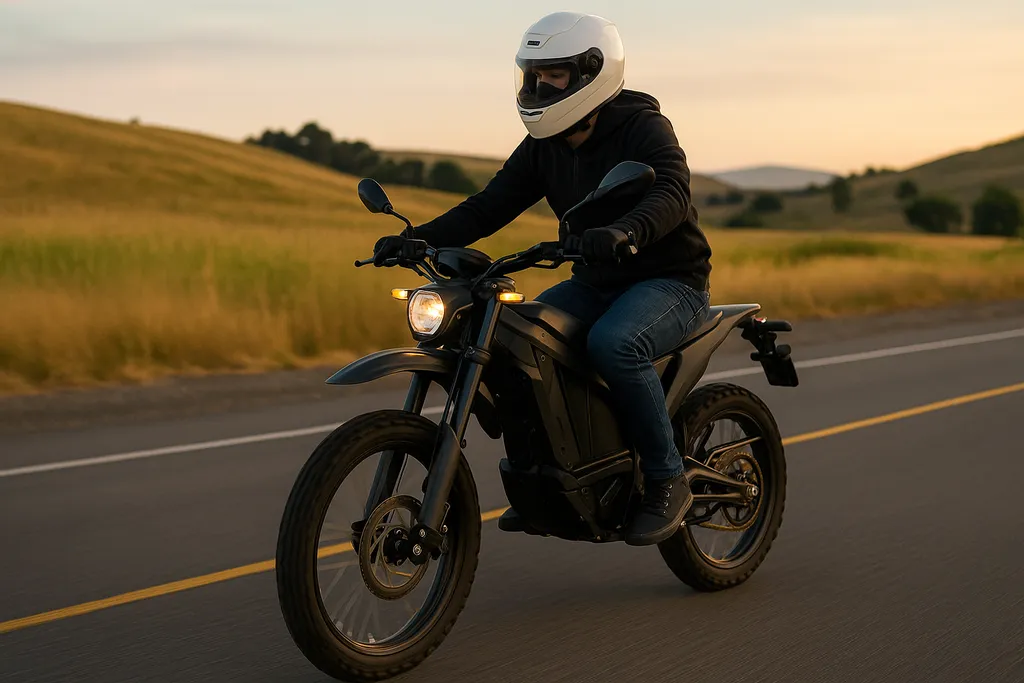 Rider on a black electric dirt bike legally riding on a public road at sunset, illustrating can you ride electric dirt bikes on the road