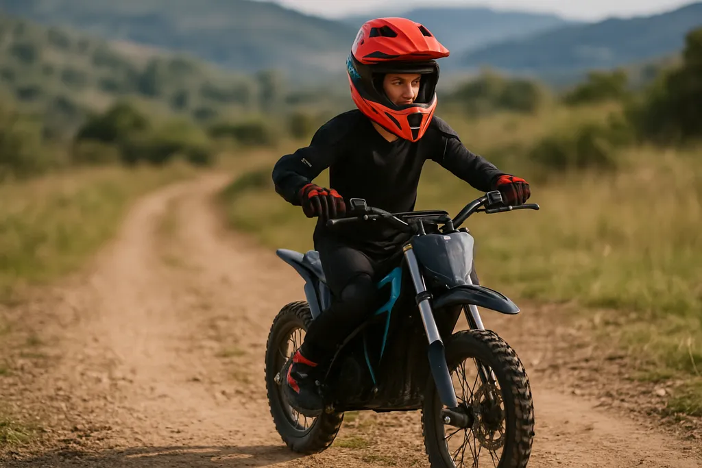 Teen learning how to ride an electric dirt bike on a dirt trail surrounded by nature and hills