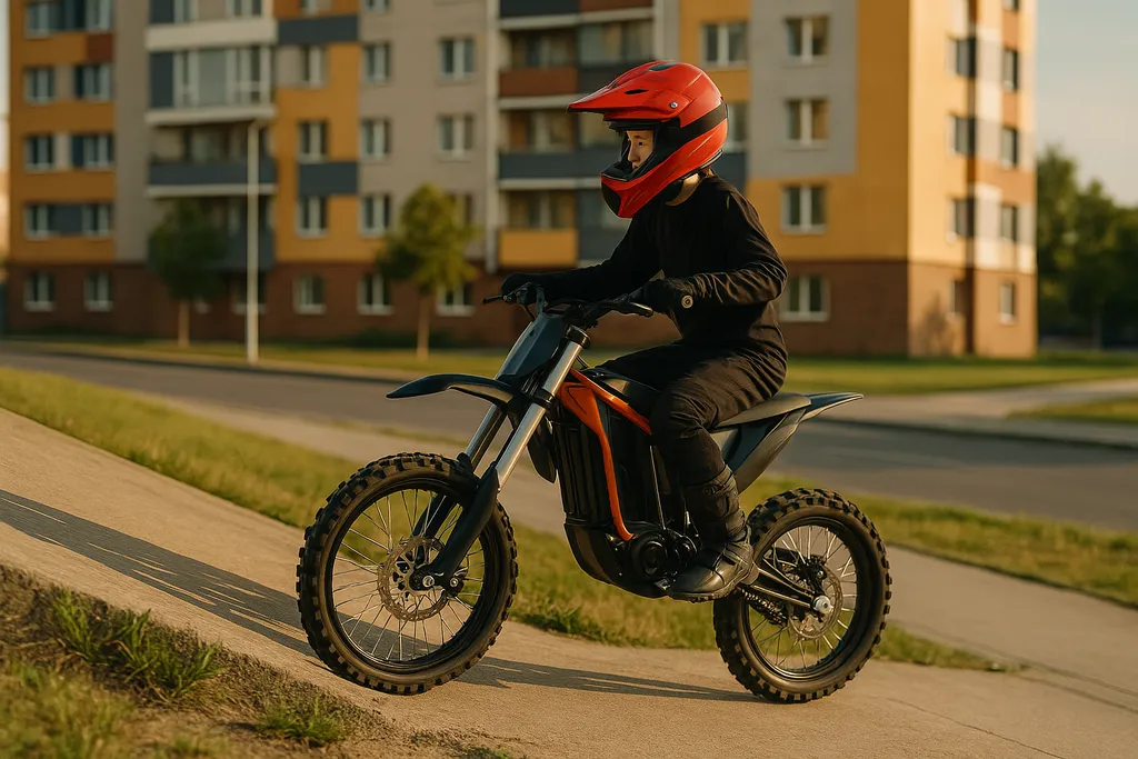 Learn how to ride an electric dirt bike with confidence on real trails Young rider practicing how to ride an electric dirt bike while climbing a concrete slope in an urban neighborhood