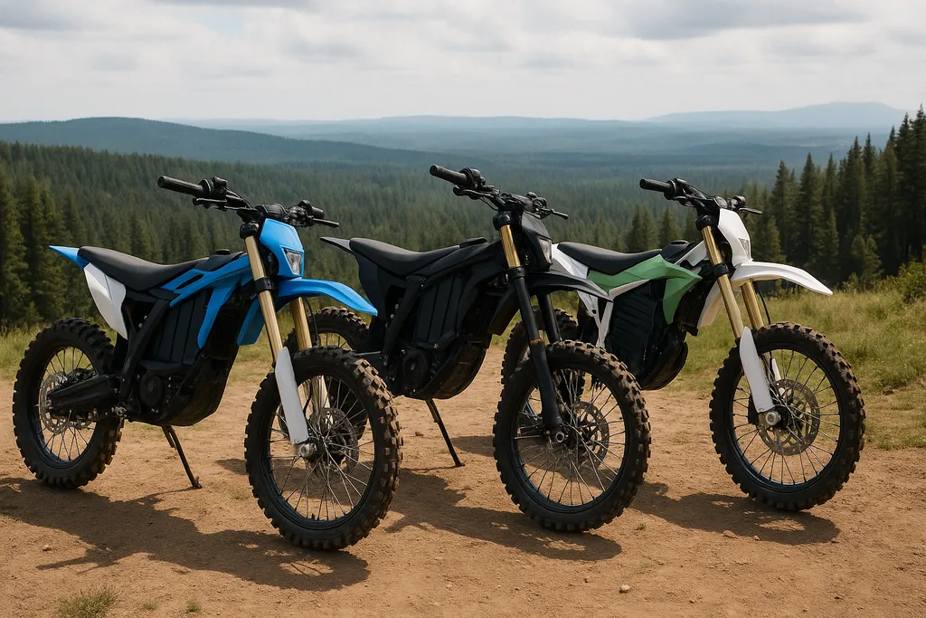 What electric dirt bike has the longest range displayed on a forest trail with scenic mountain background