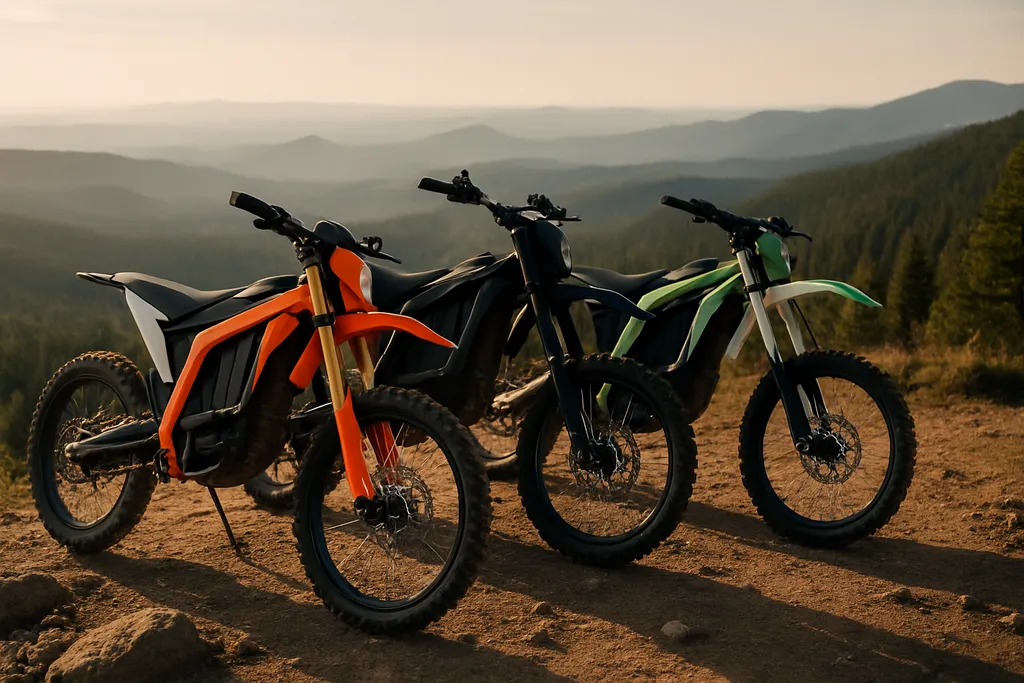 Click to see which electric dirt bike has the longest range for epic trail adventures What electric dirt bike has the longest range parked on a scenic mountain trail at sunset