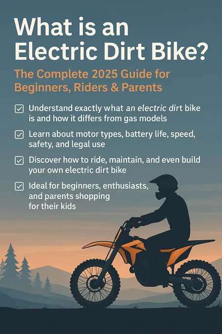 What is an electric dirt bike infographic showing a rider silhouette on an orange electric dirt bike at sunset, highlighting key guide takeaways for beginners, riders, and parents.