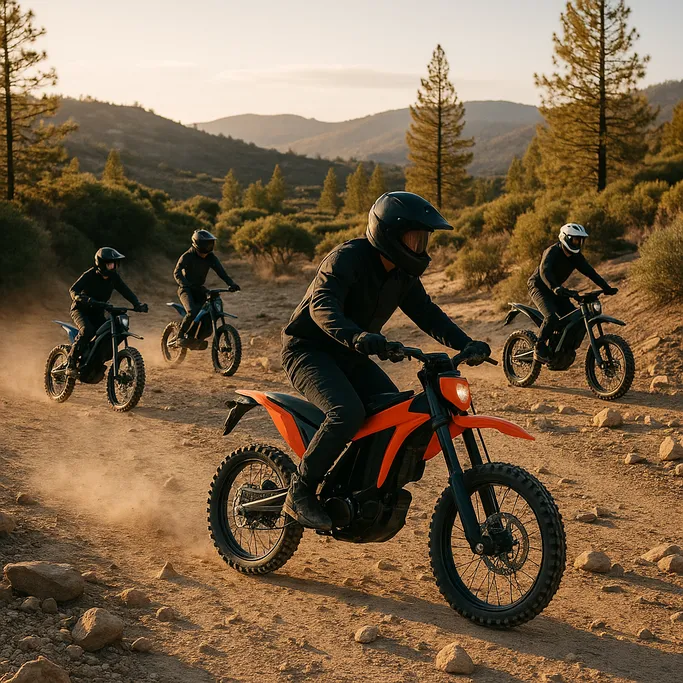 Explore what an electric dirt bike can do — clean power, trail fun, and zero emissions. What is an electric dirt bike image showing four riders on electric dirt bikes navigating a rugged dirt trail surrounded by trees and hills during golden hour.