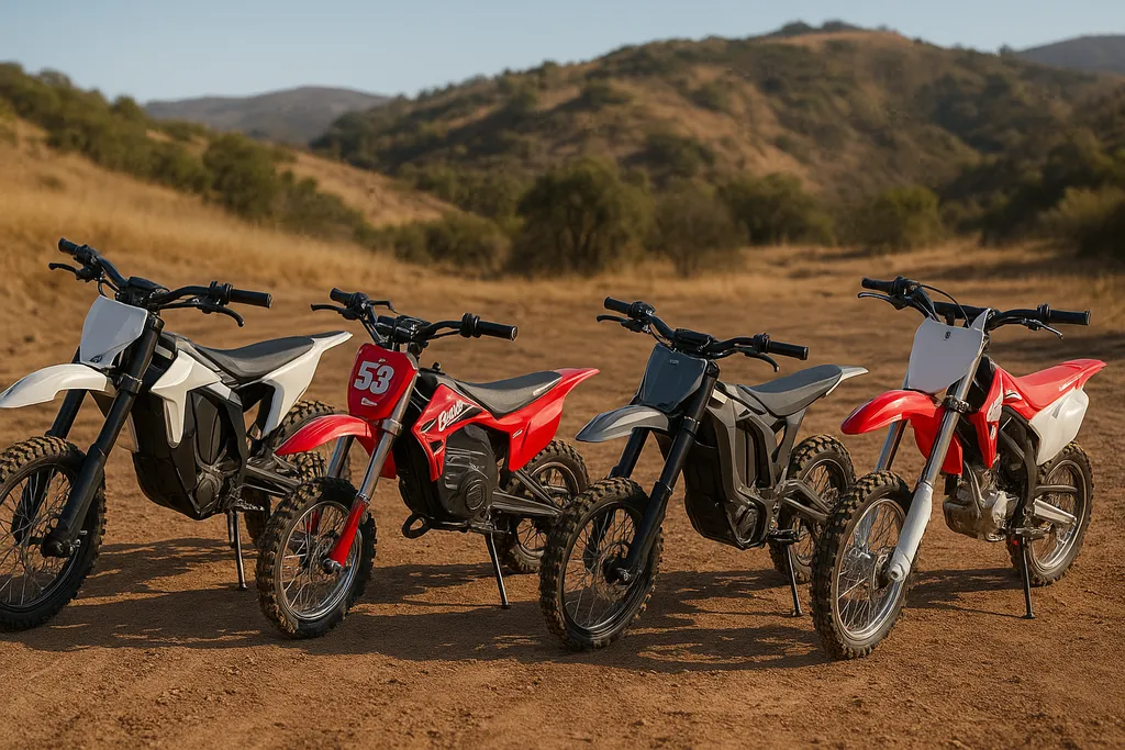 Electric dirt bikes from different brands displayed in mountain terrain, ideal for selecting what is the best electric dirt bike for trail use.