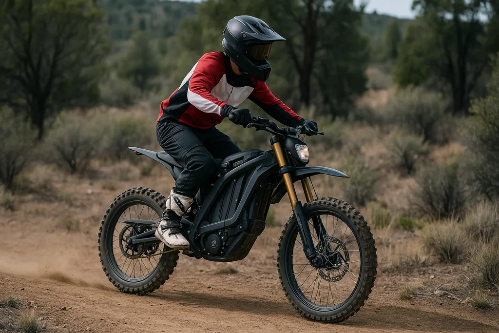Four top-tier electric dirt bikes parked on rugged off-road terrain, showcasing variety in design, ideal for comparisons on what is the best electric dirt bike.