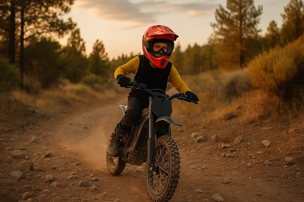 Young rider on an electric dirt bike navigating an off-road trail at sunset — where can you ride an electric dirt bike legally