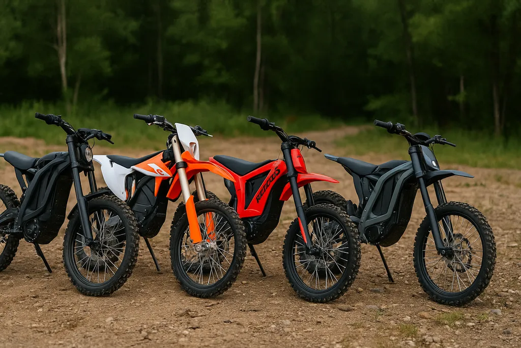 Compare top electric dirt bike brands and discover who makes the best one for you Four electric dirt bikes from different brands including KTM, Sur-Ron, and Segway parked on a dirt trail in a forest – comparison for who makes the best electric dirt bike