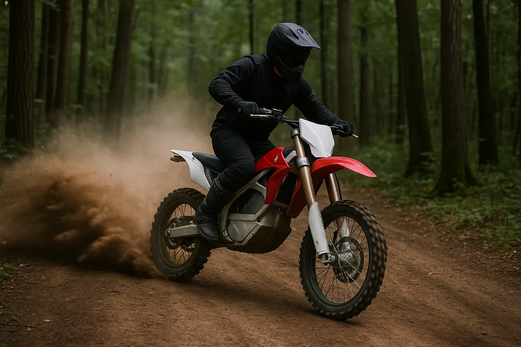 Alta electric dirt bike speeding through a forest trail kicking up dust – how much is a Alta electric dirt bike