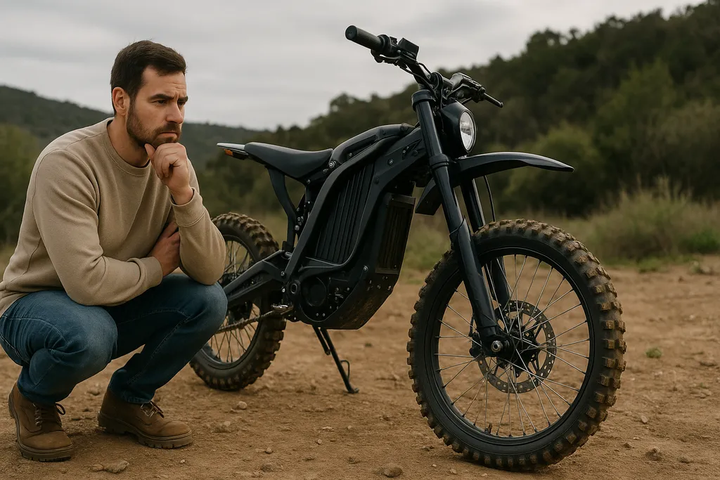 Are electric dirt bikes worth it - a man evaluating an electric dirt bike in nature