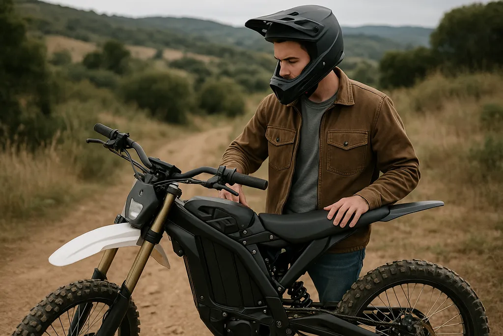 Wondering if electric dirt bikes are worth it? This rider is inspecting every detail before deciding. Are electric dirt bikes worth it - rider inspecting electric dirt bike on remote trail