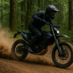 Electric dirt bike financing options showcased with a forest ride scene kicking up dust on rugged terrain