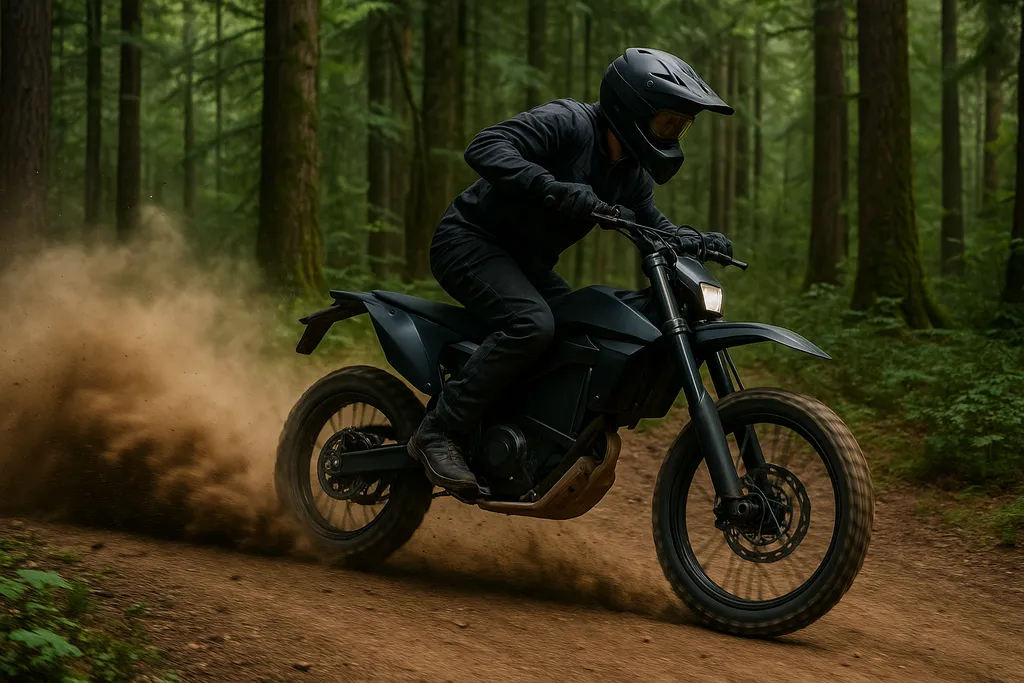 Electric dirt bike financing options showcased with a forest ride scene kicking up dust on rugged terrain