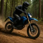 Electric dirt bike torque comparison with rider accelerating through forest trail kicking up dust