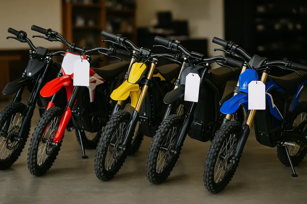 Electric dirt bikes lined up in a showroom with visible price tags – how much are electric dirt bikes