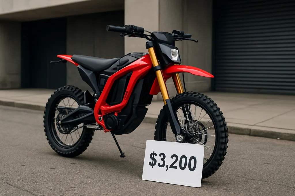 How much are electric dirt bikes – realistic urban photo of a red electric dirt bike with price tag