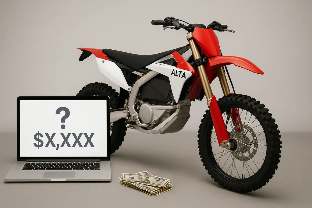 Alta electric dirt bike parked next to cash and laptop showing pricing concept – how much is a Alta electric dirt bike