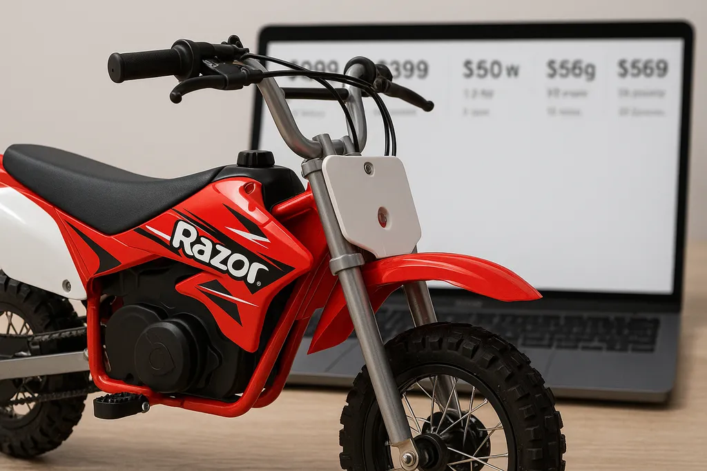 How much is a Razor electric dirt bike shown close-up with online prices in background