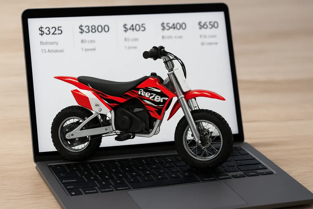 How much is a Razor electric dirt bike displayed in front of a laptop showing online prices and specs