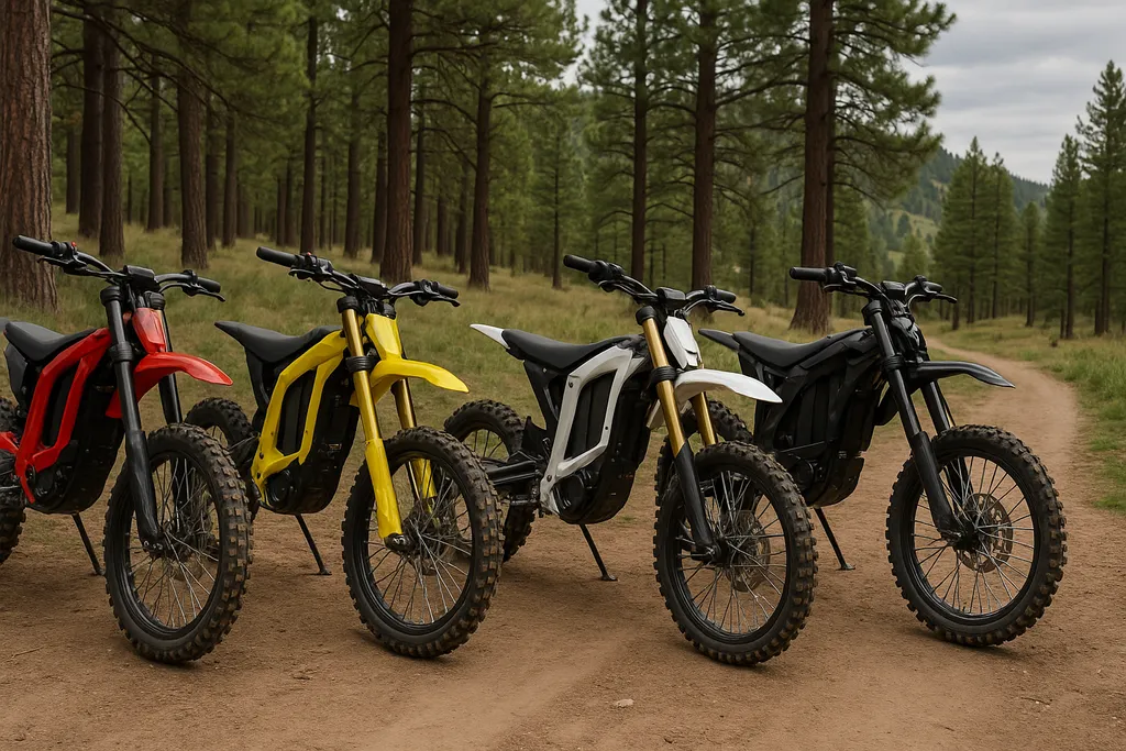Colorful electric dirt bikes for adults parked in a pine forest – what is the best electric dirt bike for adults