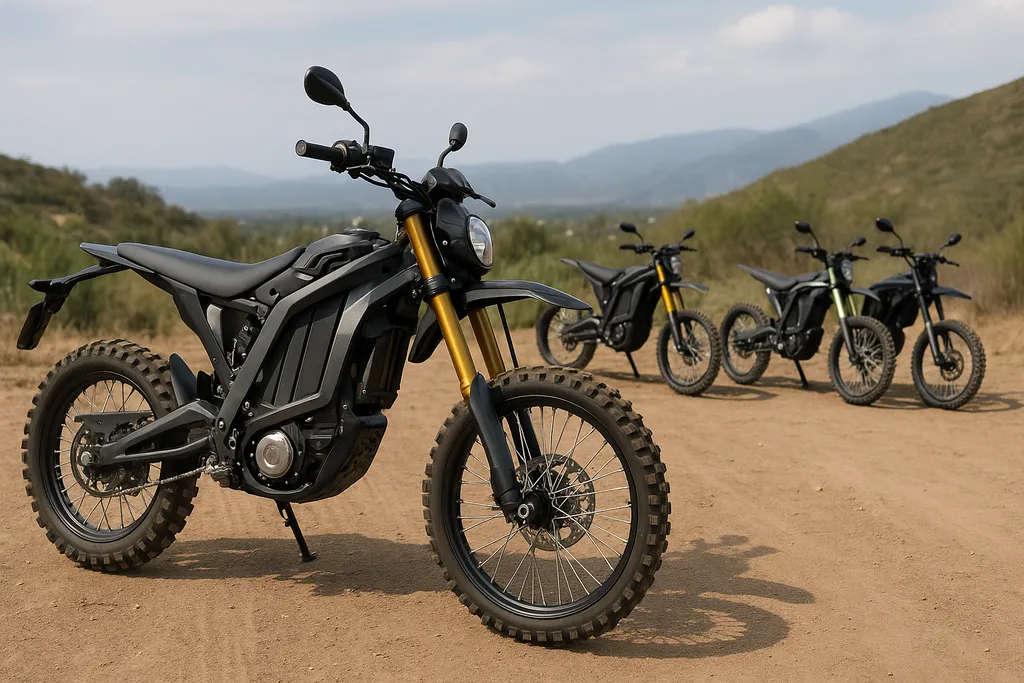 Electric dirt bikes lined up on a dusty trail with mountainous background – what is the best electric dirt bike for adults