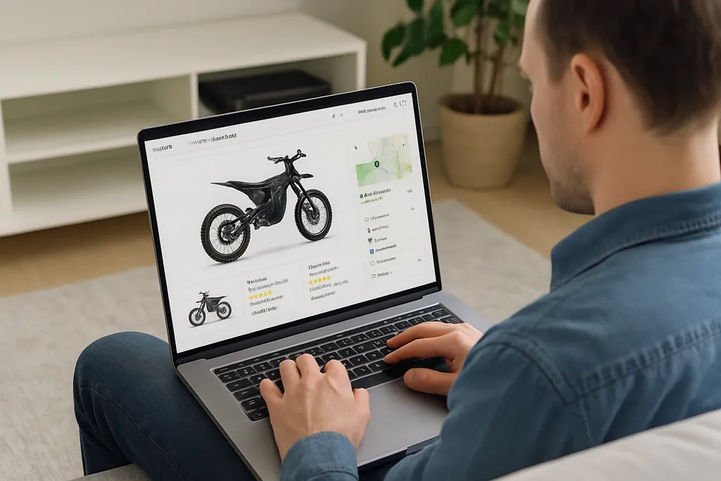 Searching where to buy an electric dirt bike online Man browsing online on a laptop to find where to buy an electric dirt bike, comparing listings, prices, and delivery options.