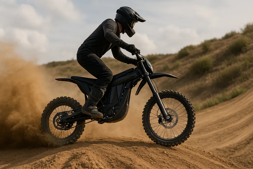 Electric dirt bike climbing a motocross hill with dust flying behind, showcasing off-road power and rider control — perfect for the search intent "Where can I buy an electric dirt bike".