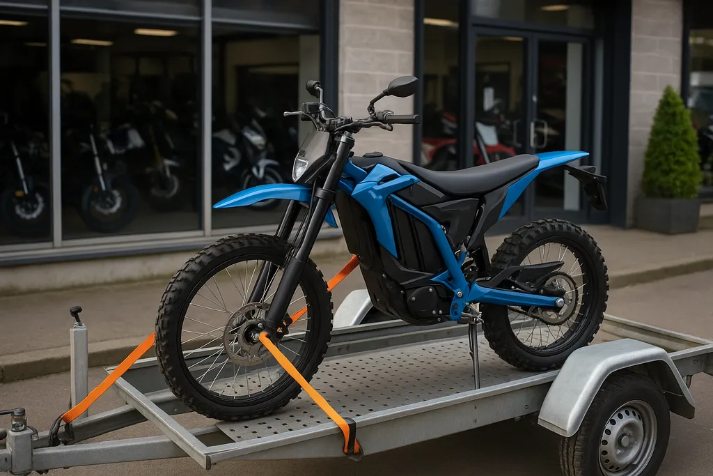 Where to buy cheap electric dirt bike – dealership pickup scene Where to buy cheap electric dirt bike – blue electric dirt bike on trailer outside dealership