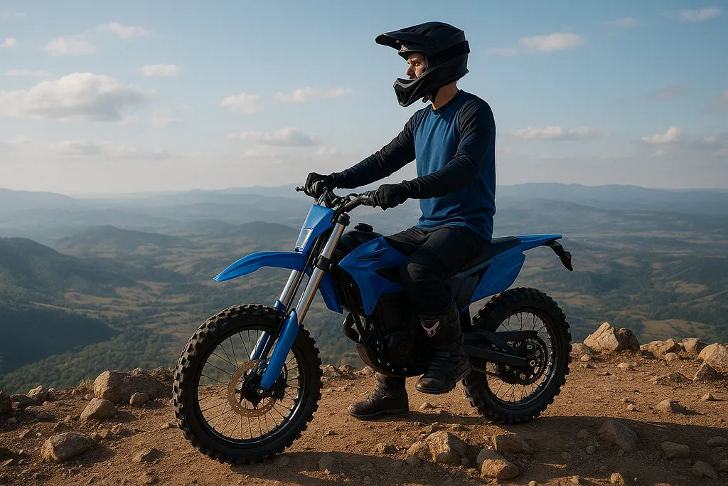 Where to buy cheap electric dirt bike – rider on blue electric dirt bike atop mountain trail