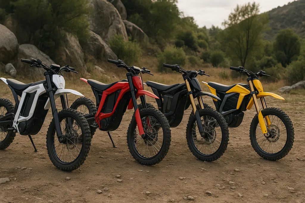 Discover who makes electric dirt bikes with this off-road brand comparison image Who makes electric dirt bikes - four different electric dirt bike models parked on a rugged off-road trail in the wilderness