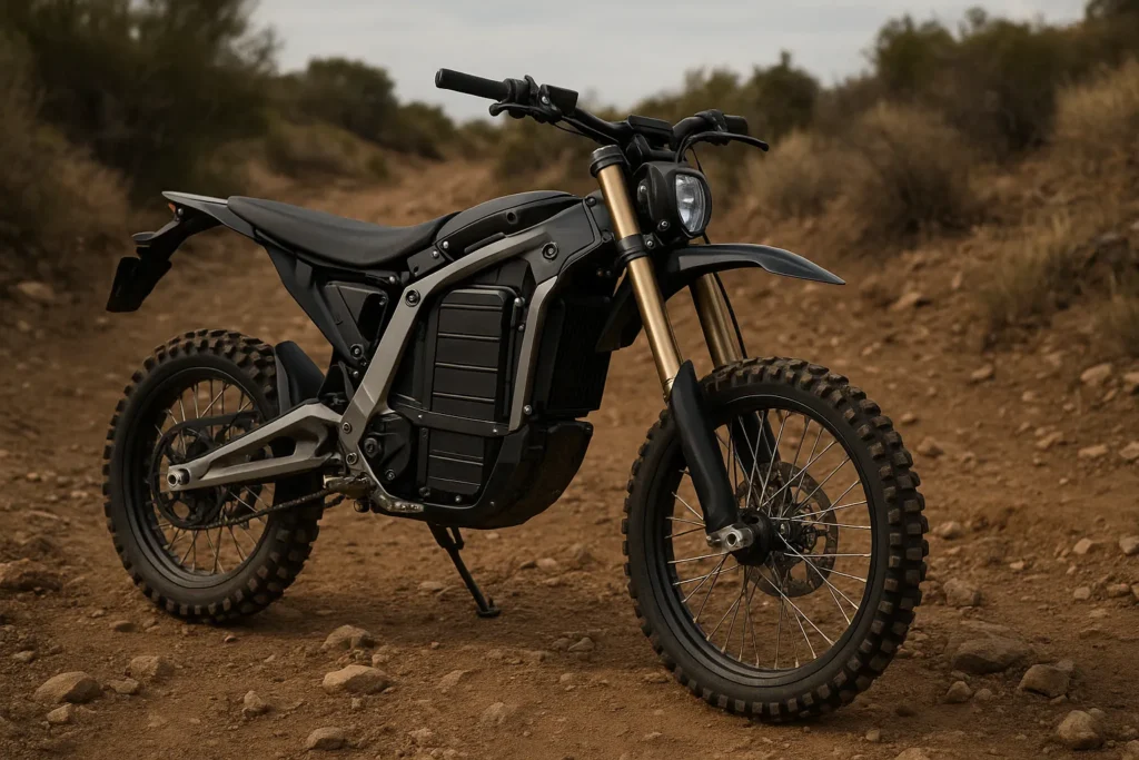 Electric dirt bike with high battery capacity for long-range off-road riding battery capacity electric dirt bike on rocky trail highlighting long range performance and durable battery design