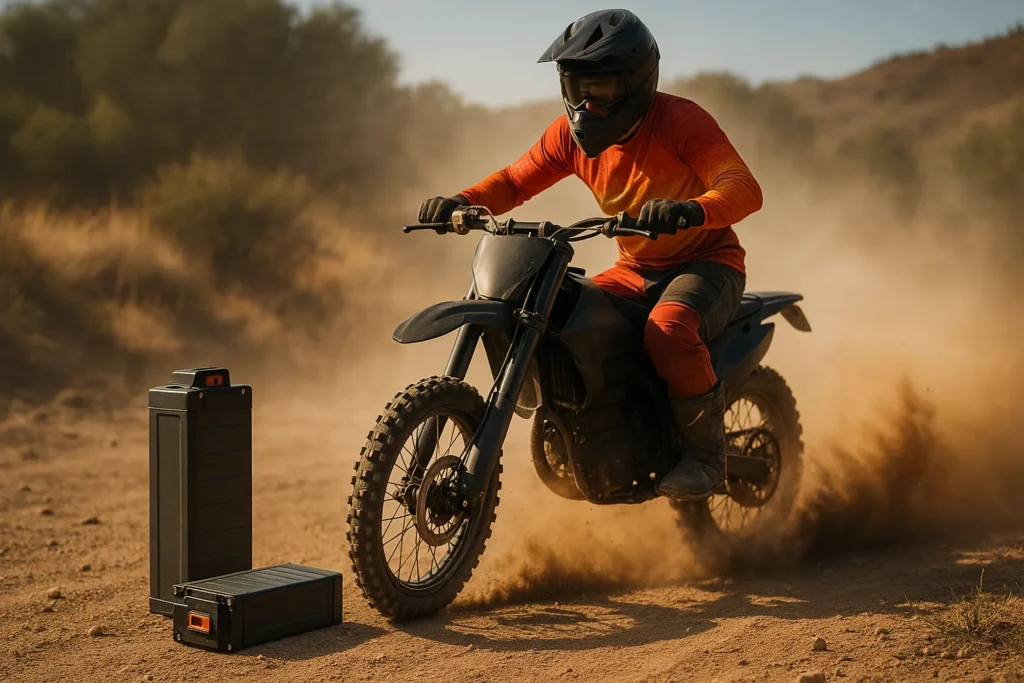 Electric dirt bike rider accelerating on a dusty trail with battery packs on the ground, illustrating the battery voltage effect on e-dirt bike speed and how voltage levels influence top speed and acceleration.