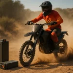 Electric dirt bike rider accelerating on a dusty trail with battery packs on the ground, illustrating the battery voltage effect on e-dirt bike speed and how voltage levels influence top speed and acceleration.