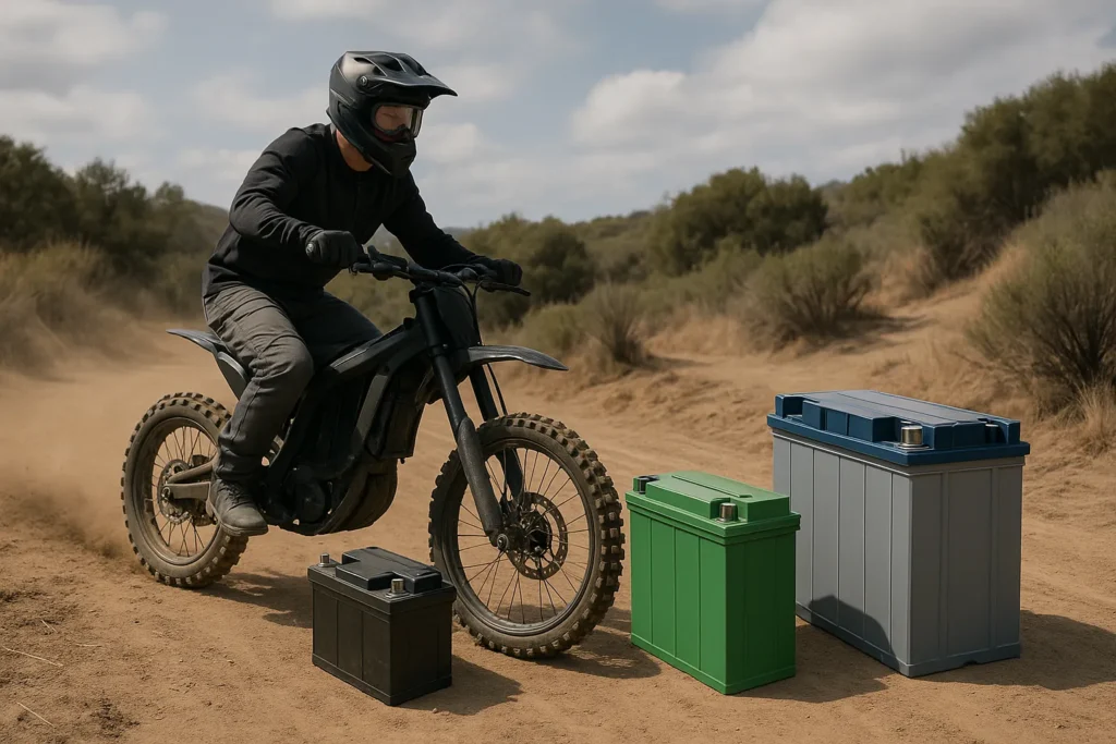 Realistic image of an electric dirt bike rider on a dusty trail with multiple battery packs, illustrating the battery voltage effect on e-dirt bike speed and overall performance.