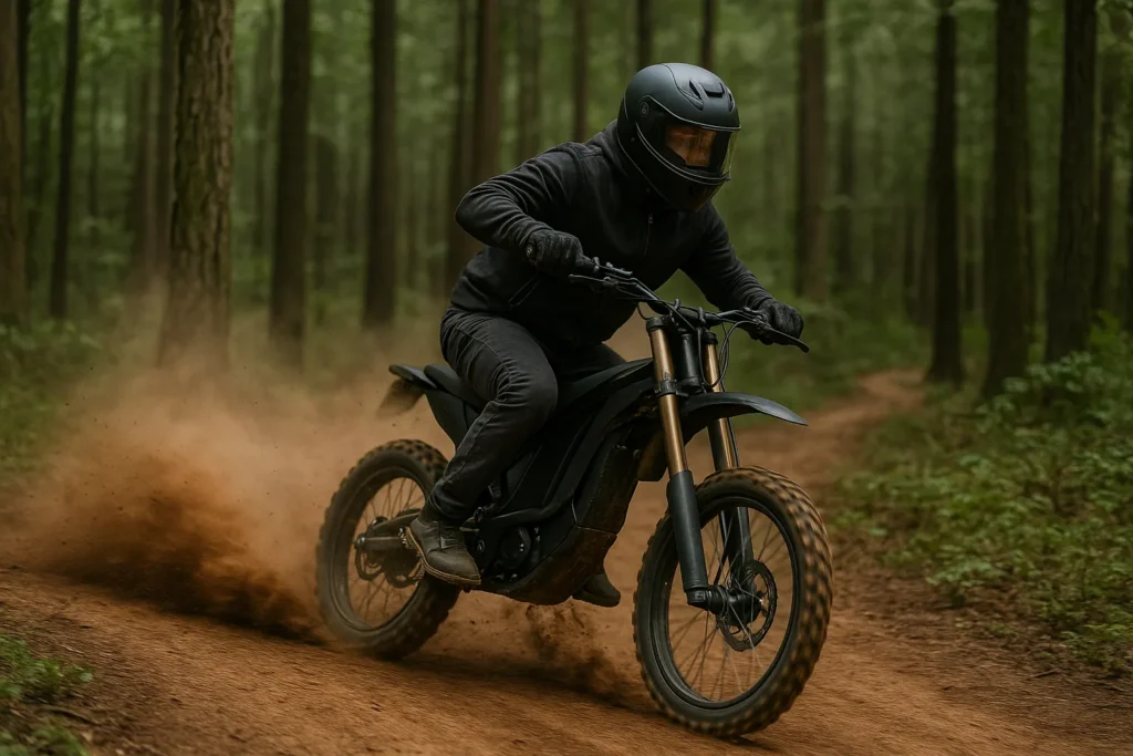 Cheapest adult electric dirt bike speeding through a forest trail, kicking up dust with powerful off-road performance.