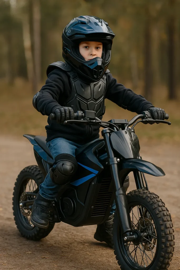Child rider illustrating electric dirt bike age restrictions, wearing full protective gear while sitting on a realistic electric dirt bike in the forest