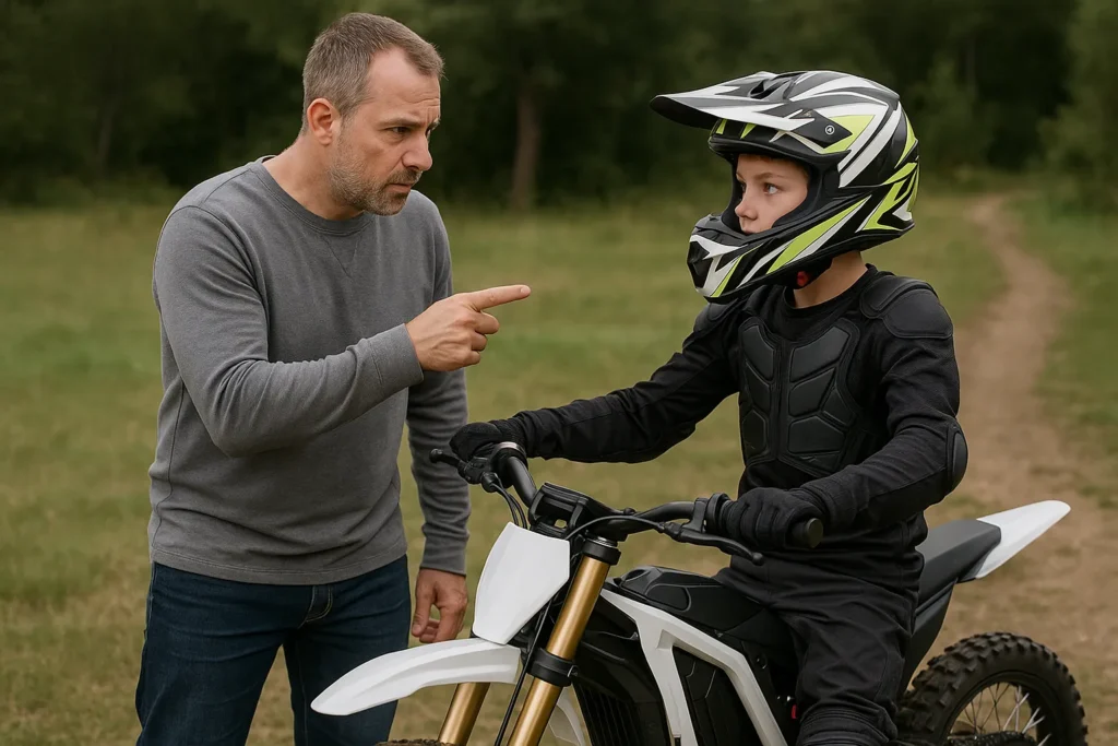 Child wearing a helmet learning about electric dirt bike age restrictions while preparing to ride safely on a small trail bike