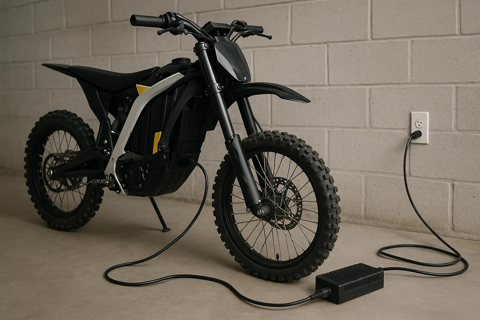 electric dirt bike charging tips showing a realistic off-road bike plugged into a wall outlet in a garage environment