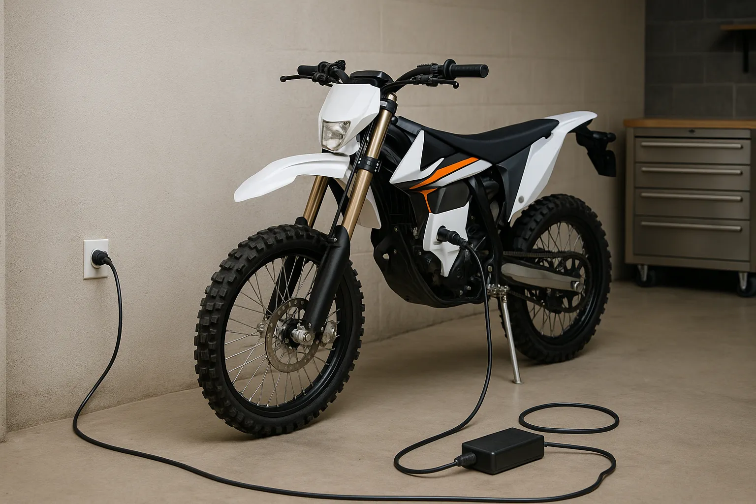 Expert electric dirt bike charging tips for safe battery care and long-lasting performance electric dirt bike charging tips with a realistic white and orange off-road bike plugged into a wall outlet in a clean garage