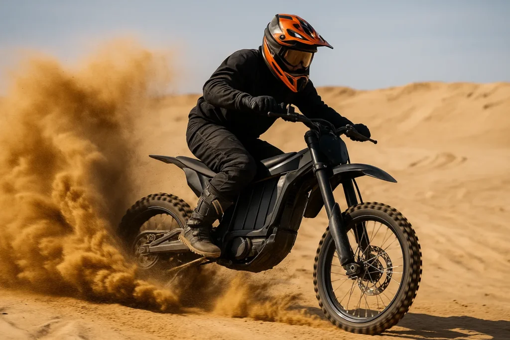 Electric dirt bike climbing gradient capability shown in a realistic hill climb scene with steep terrain and powerful traction focus