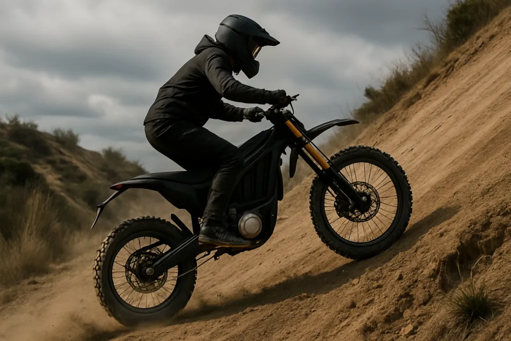 Electric dirt bike climbing gradient capability shown on a steep off-road trail with realistic detail of the rider handling the incline and bike suspension