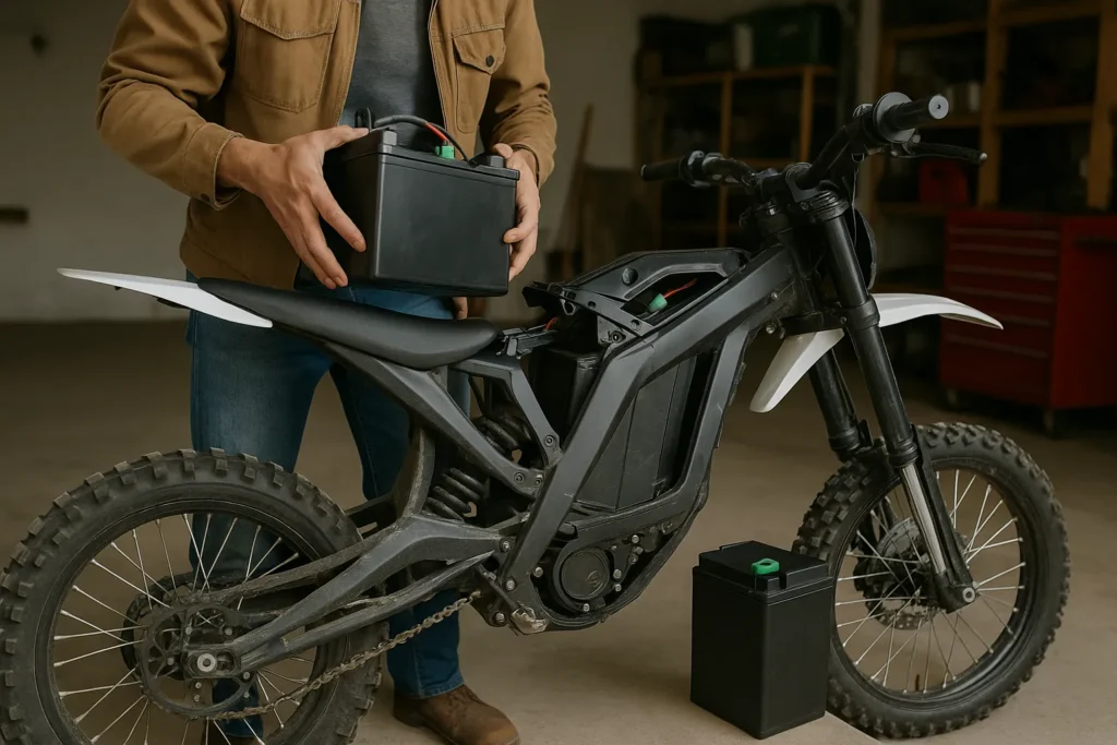 Man performing an electric dirt bike DIY battery swap in a garage with tools and batteries