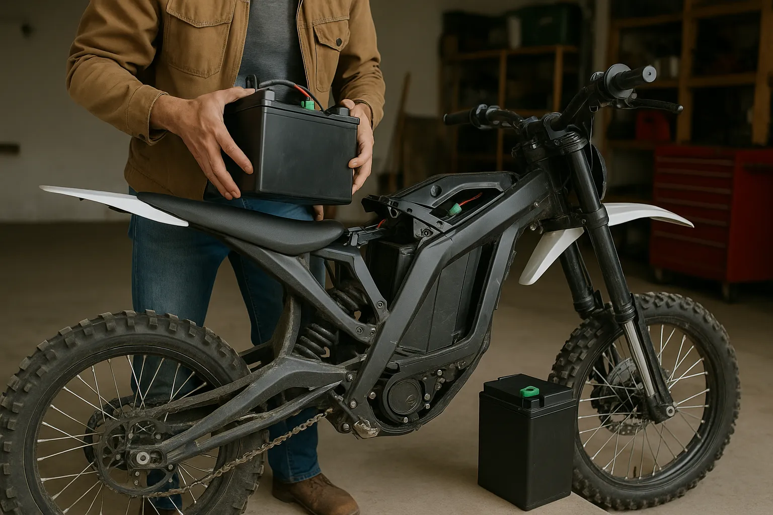 Man performing an electric dirt bike DIY battery swap in a garage with tools and batteries