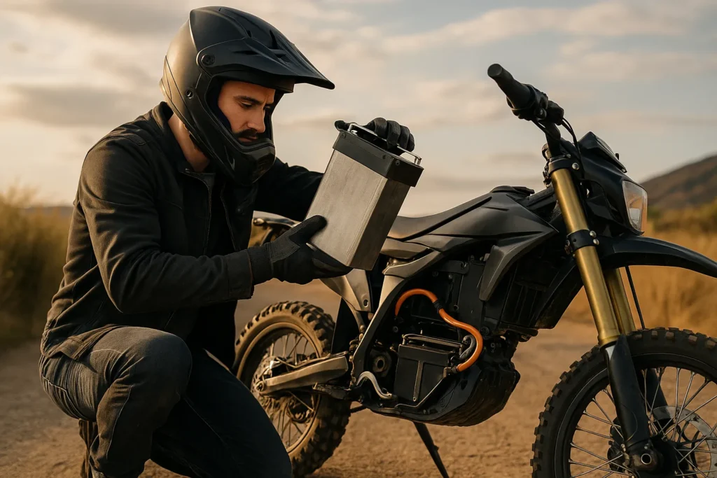 Rider performing an electric dirt bike DIY battery swap outdoors at sunset